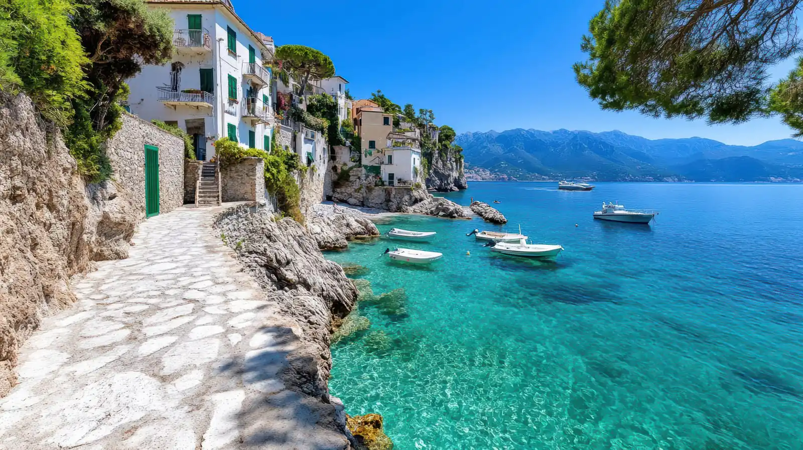 A sunny Italian coast with white cliffside houses, boats and turquoise water