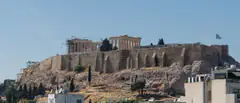 The Acropolis and Parthenon above Athens, with scaffolding from restoration work visible on the left