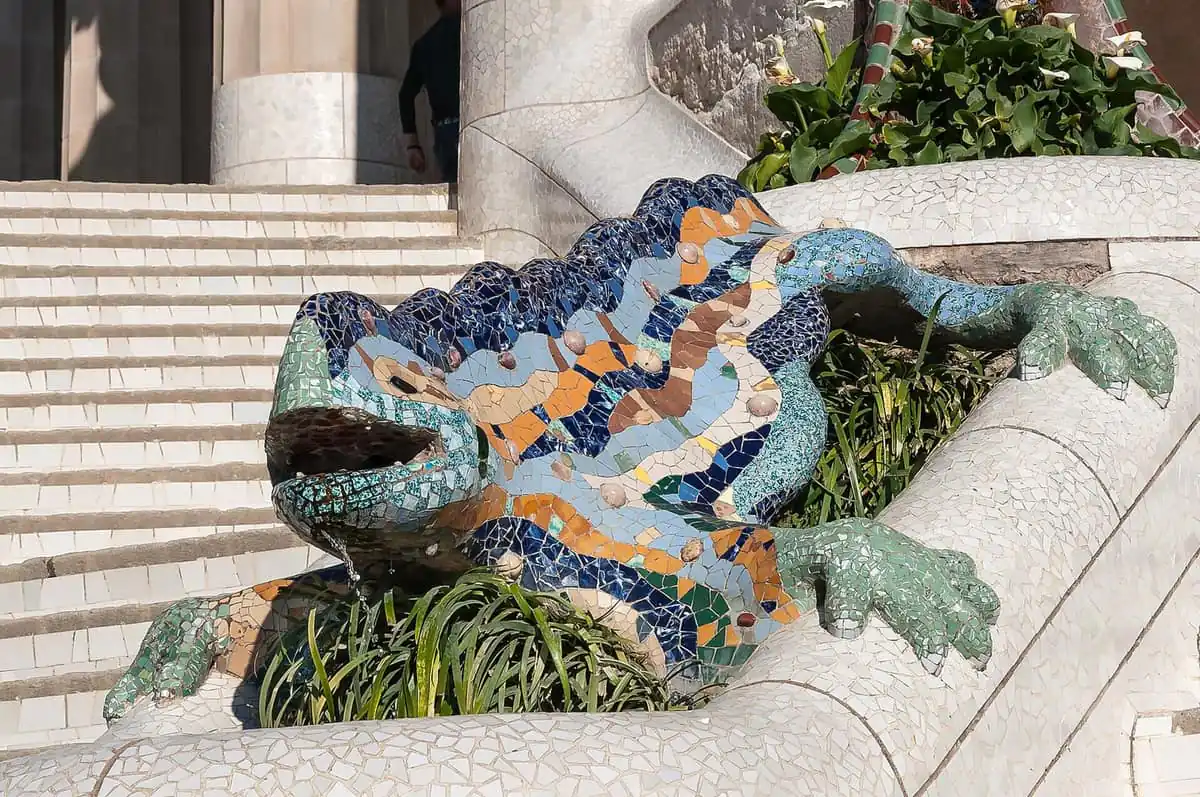 The mosaic salamander sculpture on the stairway at Park Guell in Barcelona