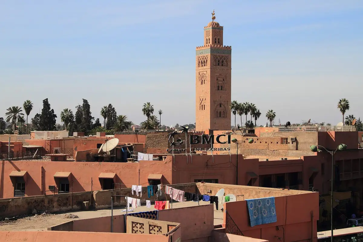 The Koutoubia minaret rising above the rooftops of Marrakech
