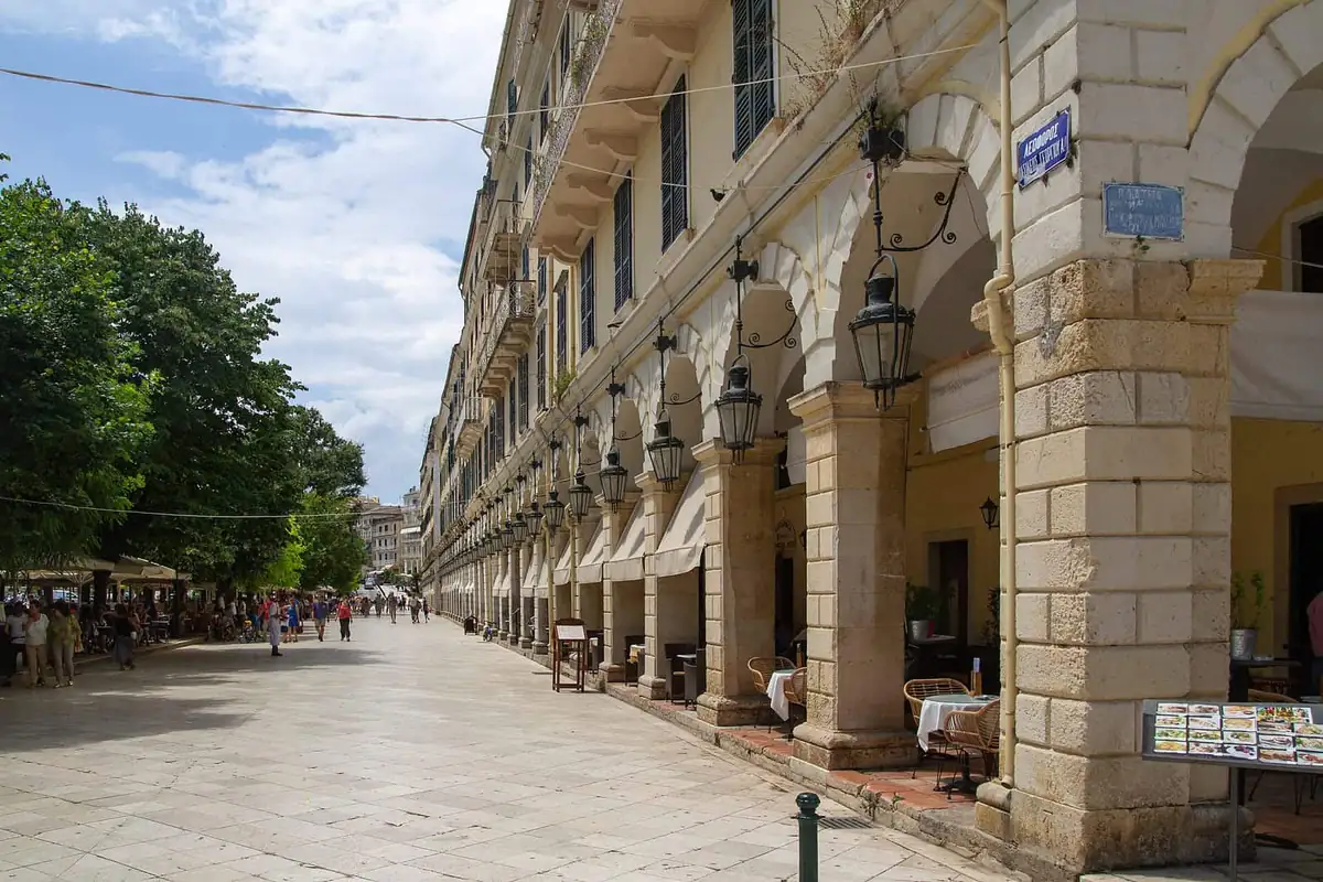 The Liston arcade and café terraces on the Spianada in Corfu Town