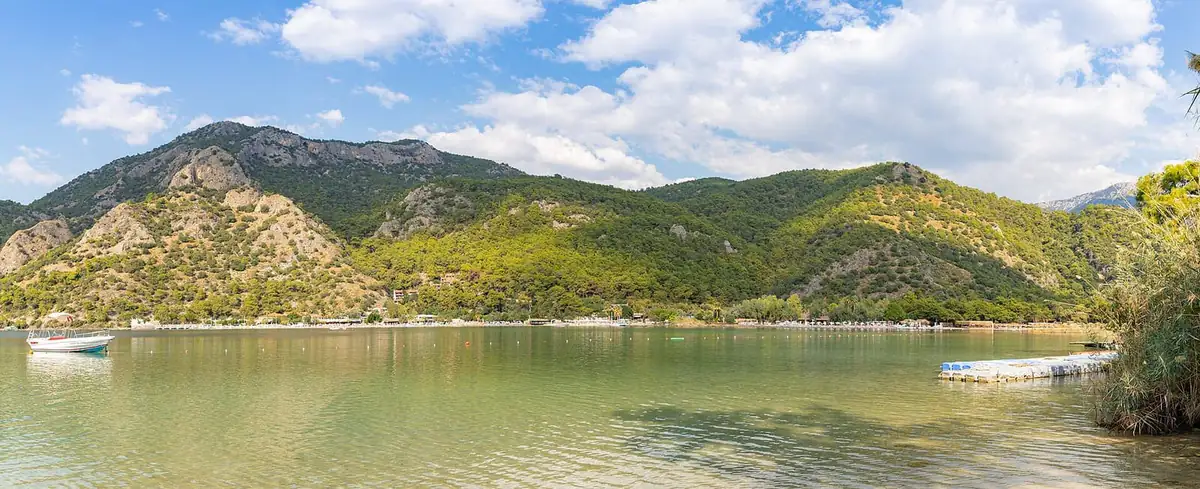 The Blue Lagoon at Ölüdeniz seen from above, with forested headlands, sunbeds on the sand and calm green water