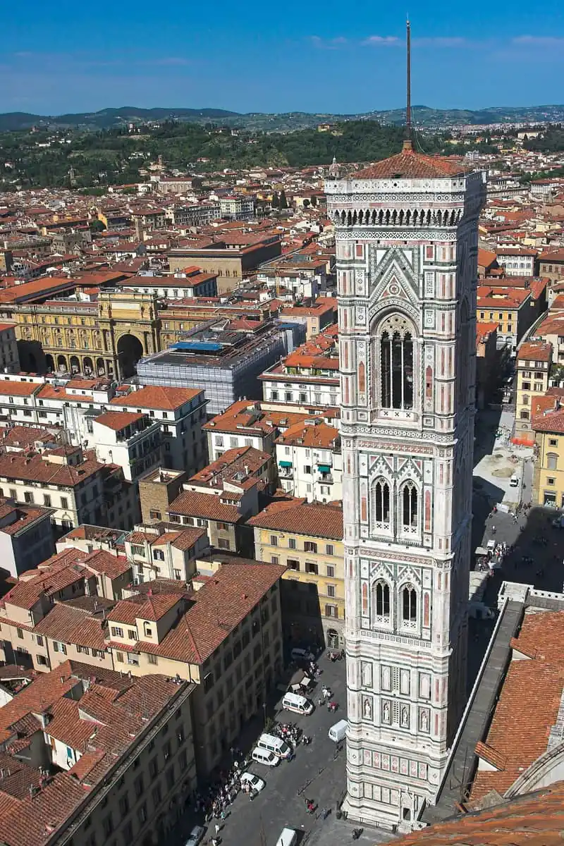 Giotto's Campanile rising above the rooftops of Florence, seen from the dome