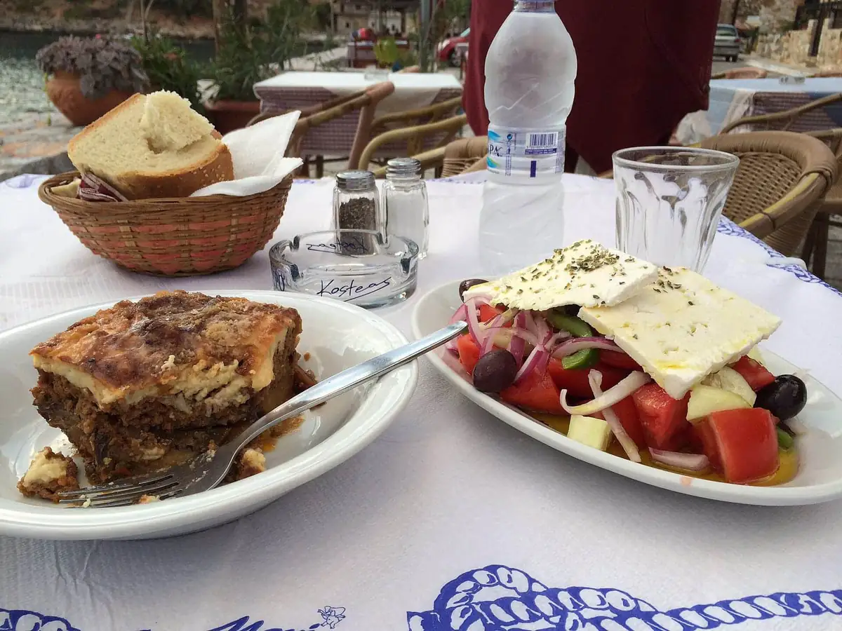 Moussaka and Greek salad at a taverna in Greece
