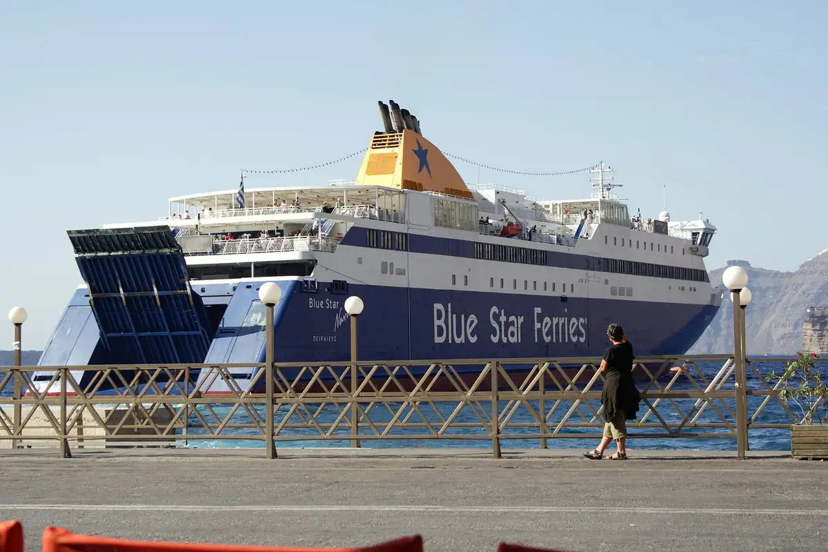 The Blue Star Naxos ferry loading at Athinios port on Santorini