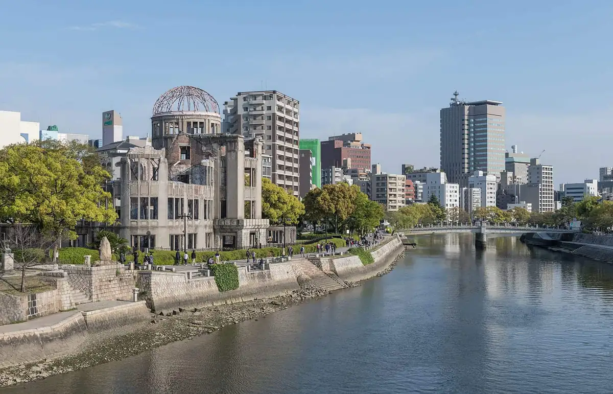 The Atomic Bomb Dome beside the Motoyasu River in central Hiroshima on a clear day
