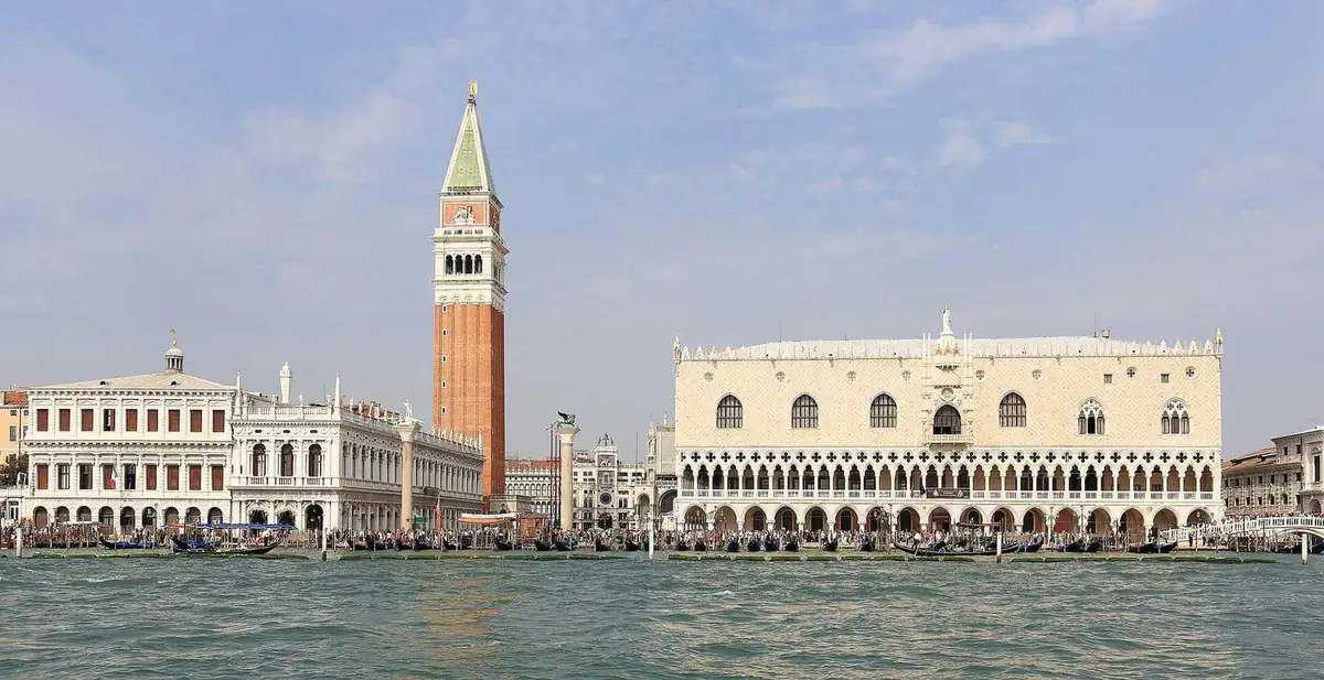 St Mark's Campanile and the Doge's Palace from the water in Venice