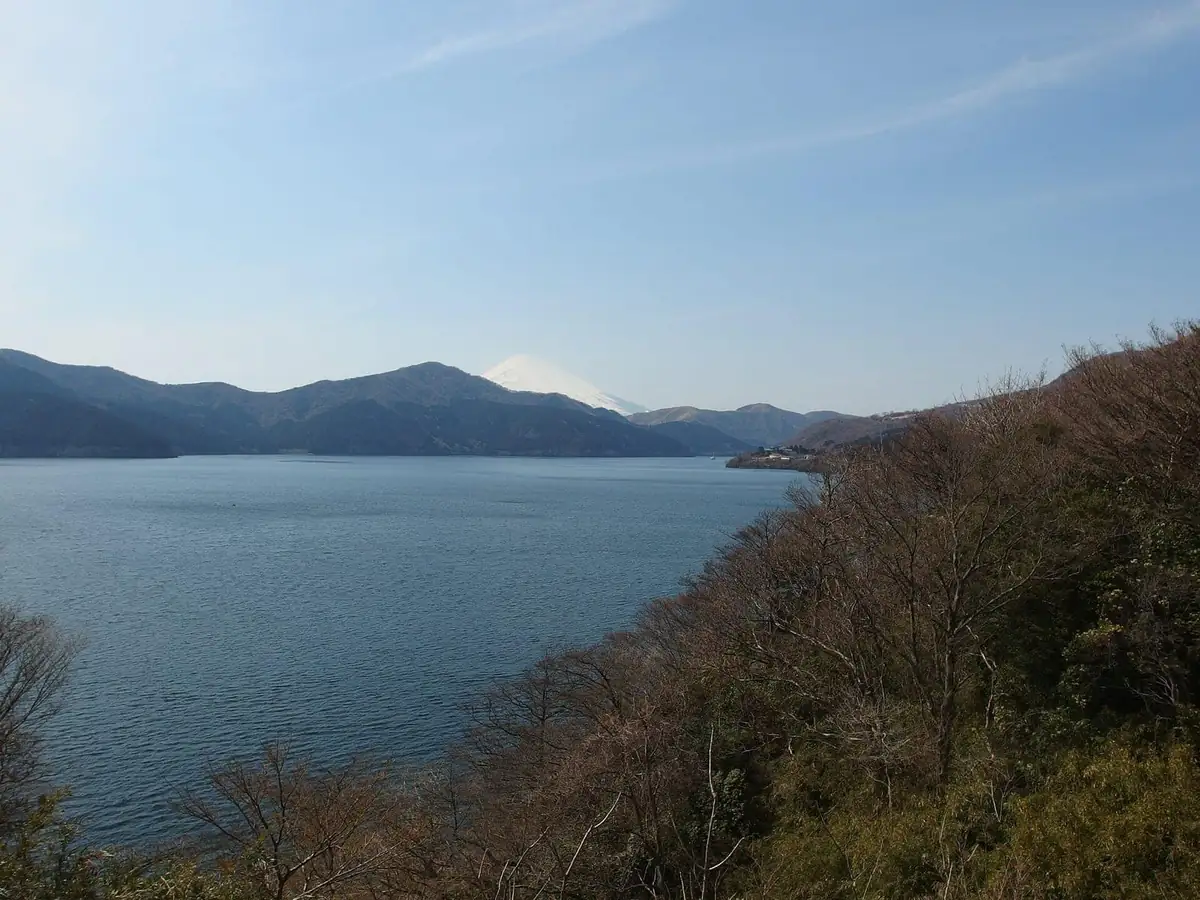 Mount Fuji above Lake Ashi, seen from the train window area