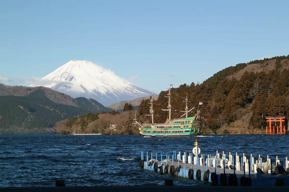 Mount Fuji above Lake Ashi on a clear day