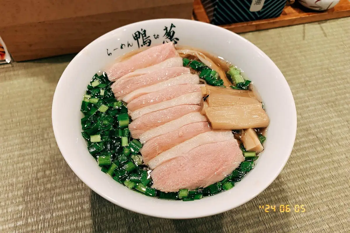 A bowl of duck and leek ramen in Tokyo