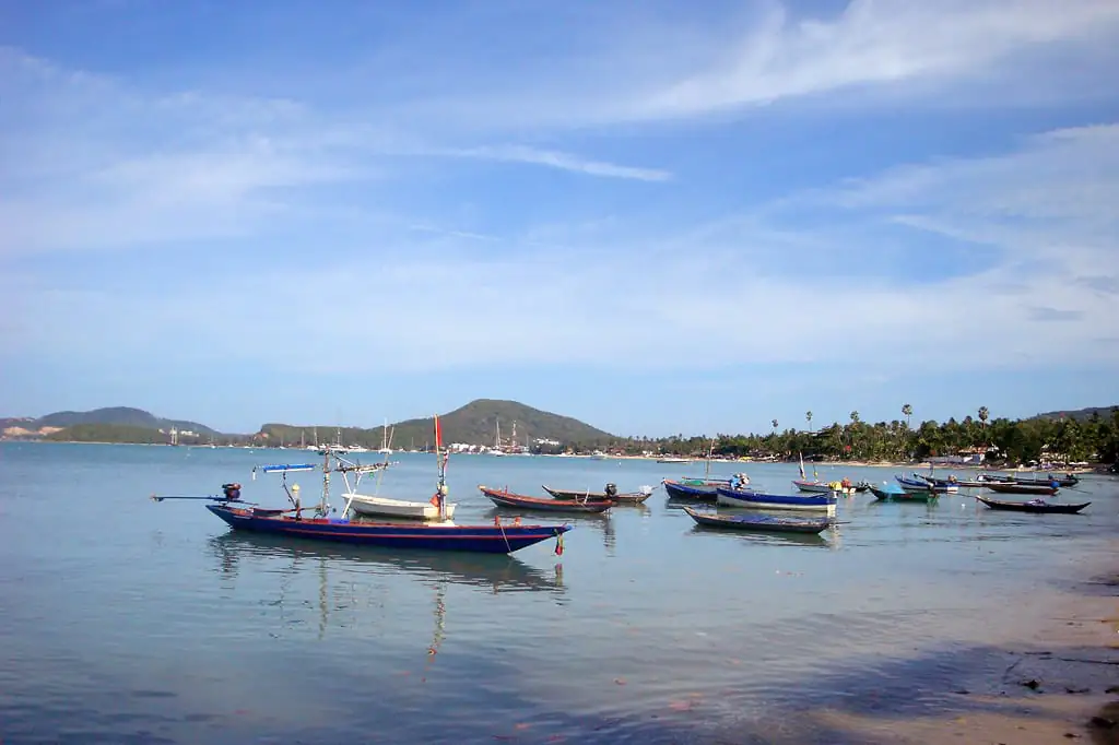 Fishing boats moored off Bo Phut beach on the north coast of Koh Samui