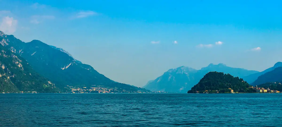Lake Como seen from the Menaggio to Varenna ferry, with mountains and the Bellagio point
