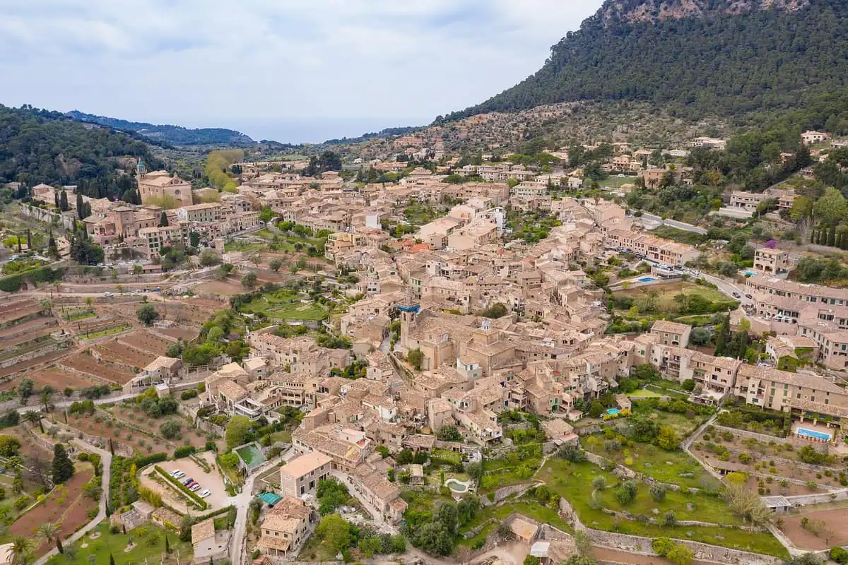 Aerial view over the stone rooftops of Valldemossa village in Mallorca