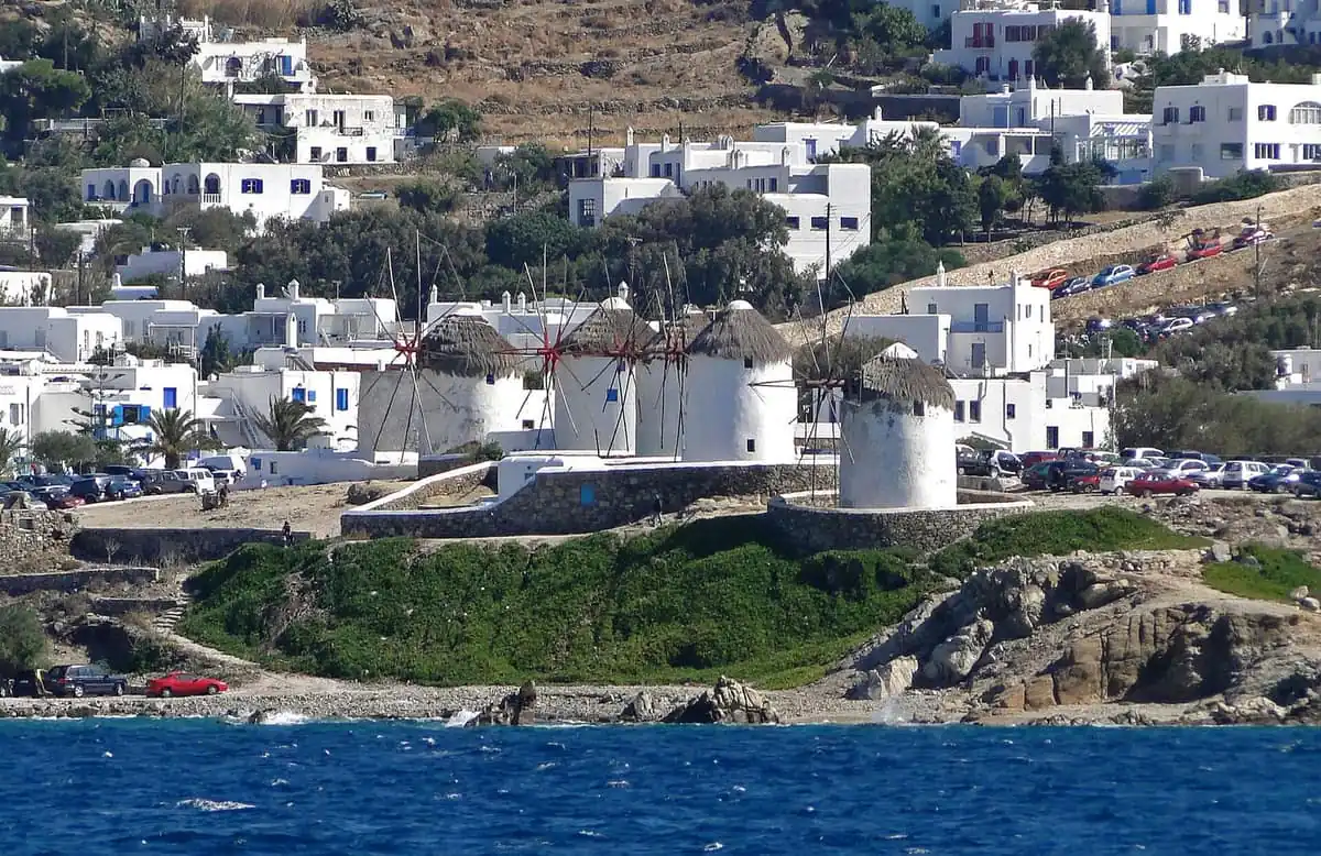 The Kato Mili windmills above Mykonos town