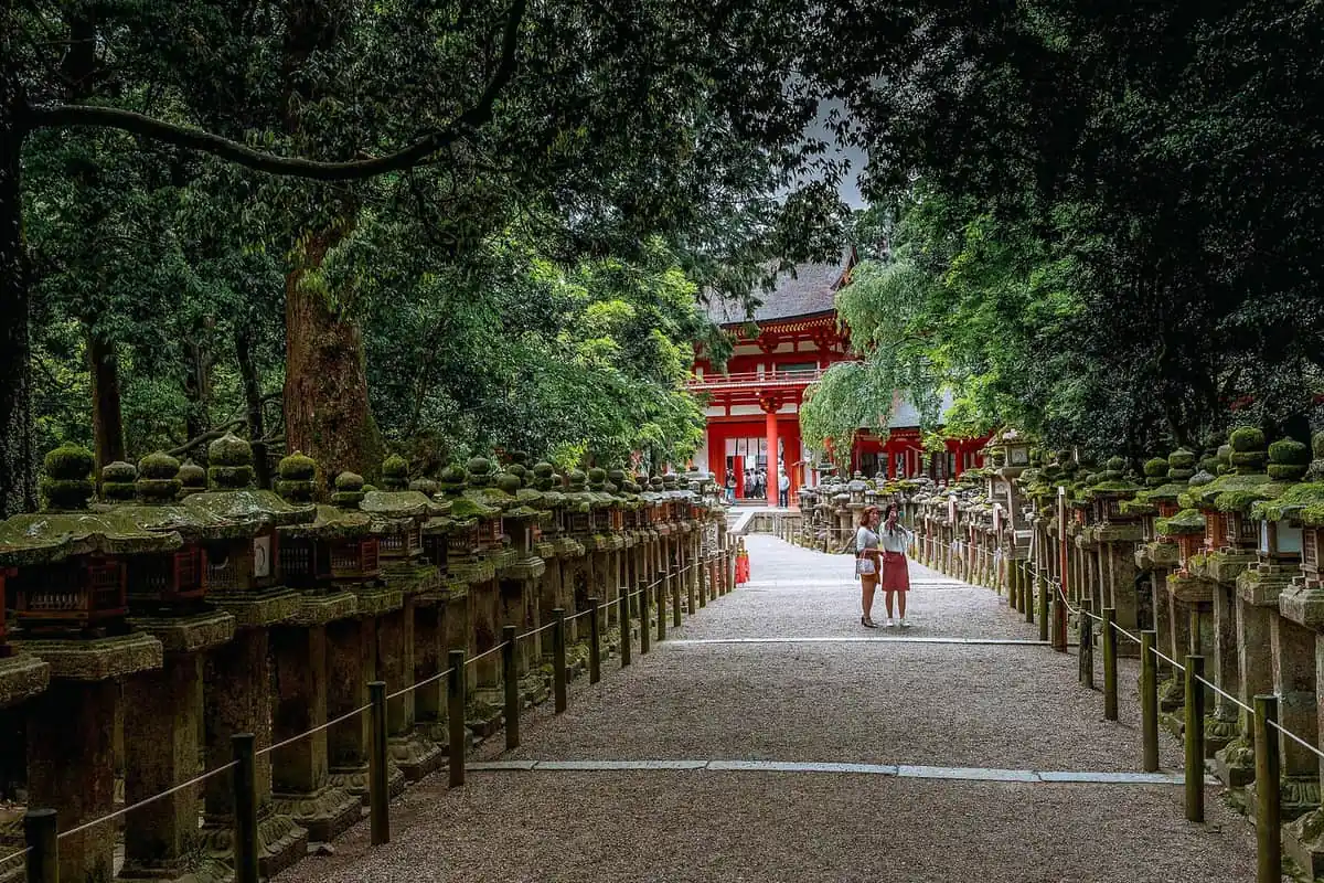 Moss-covered stone lanterns lining the path to Kasuga Taisha shrine in Nara