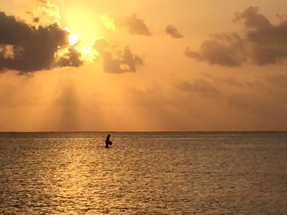 Sunrise over the lagoon with a lone figure out on the low-tide flats