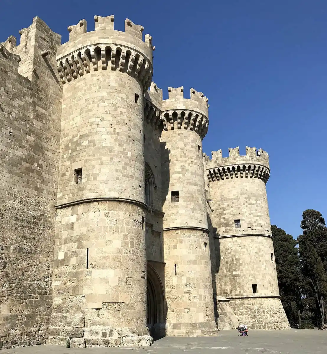The twin round towers of the Palace of the Grand Master at the entrance to the medieval Old Town of Rhodes