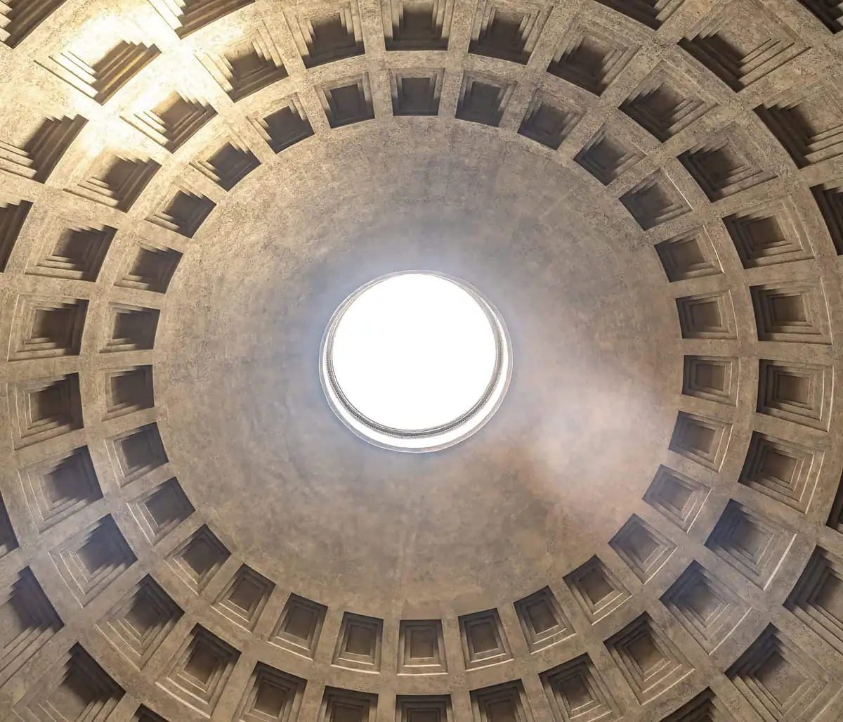 Looking up at the coffered dome and open oculus of the Pantheon in Rome