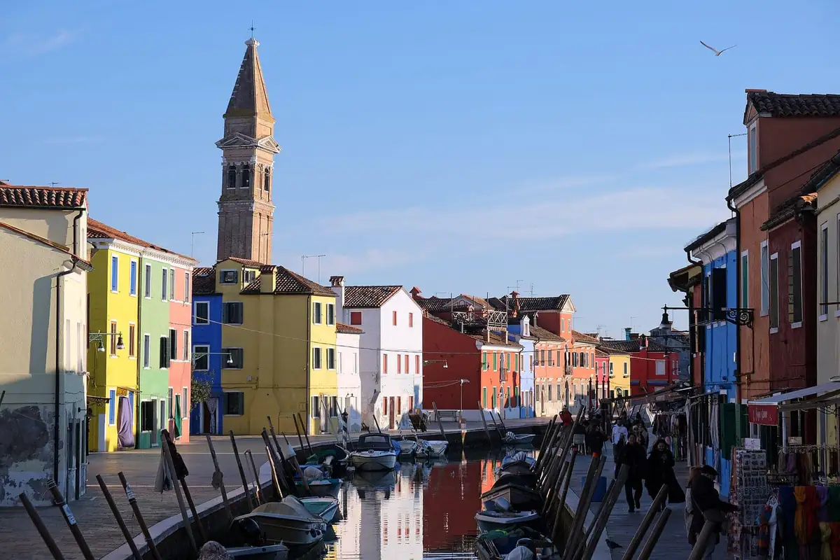 Colourful houses along a canal on Burano island near Venice