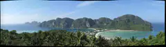Panoramic view over the twin bays of Koh Phi Phi from the island viewpoint