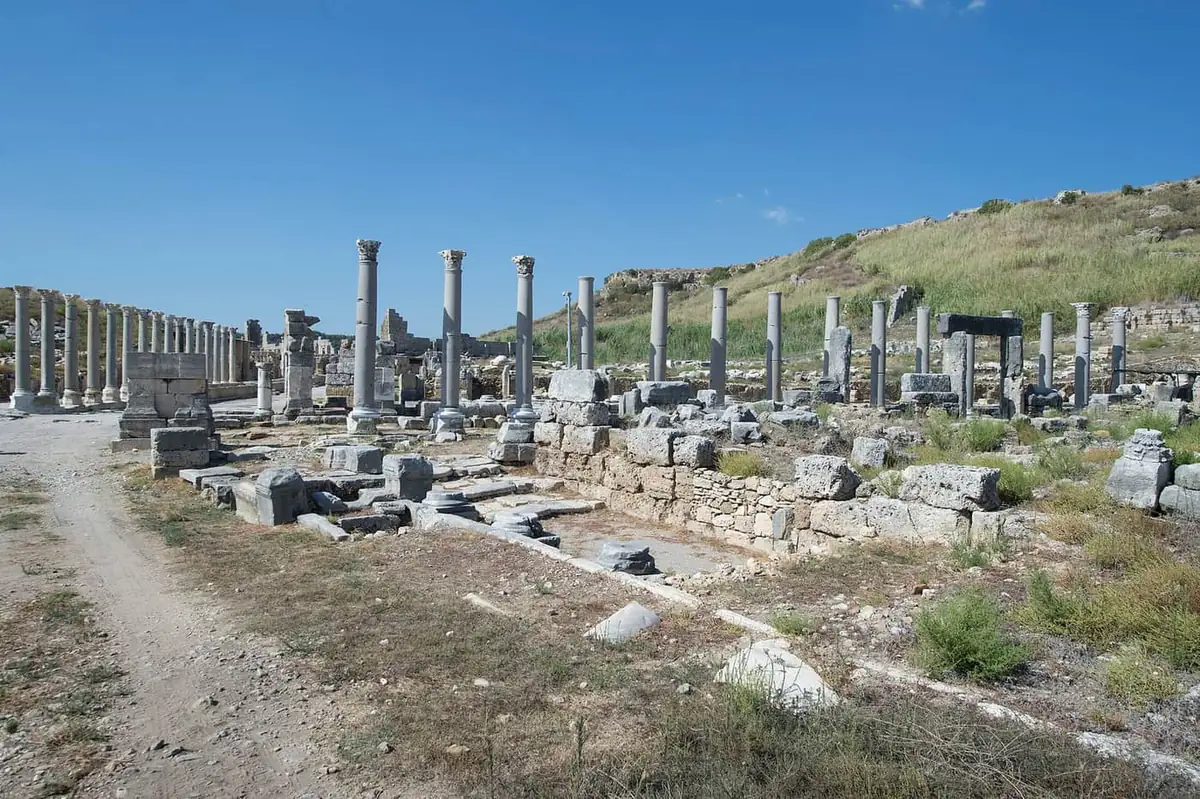 Rows of standing columns along the colonnaded main street of Perge