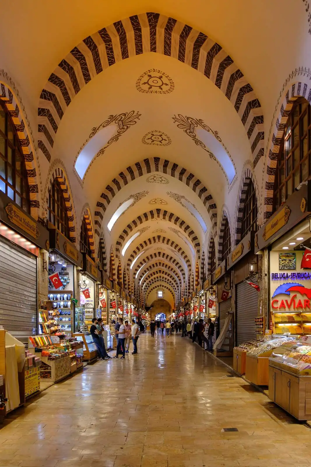 The vaulted arcade of the Spice Bazaar lined with sweet and tea stalls