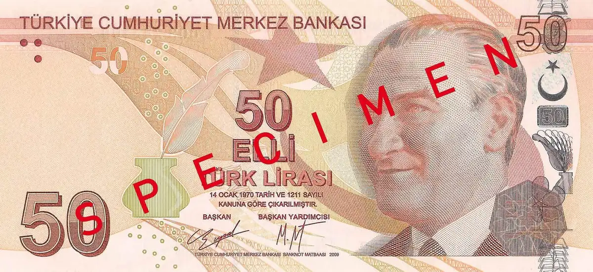 A 50 lira banknote showing the denomination and portrait