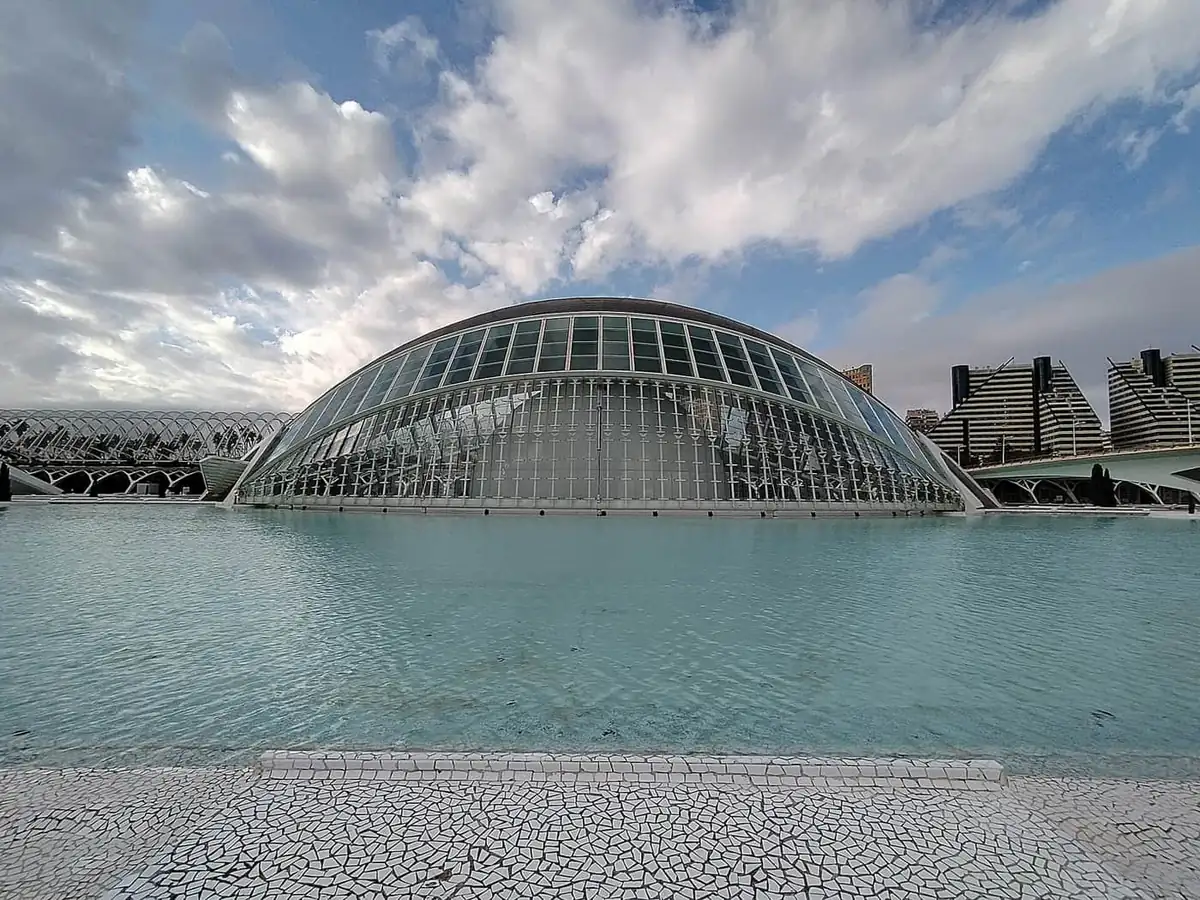 L'Hemisfèric, the eye-shaped building at Valencia's City of Arts and Sciences, fronted by its shallow reflecting pool